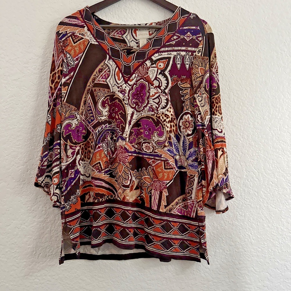 Chico's Womens 3/4 Sleeve V-Neck Purple Brown Paisley Geometric Top Size 1 Boho
